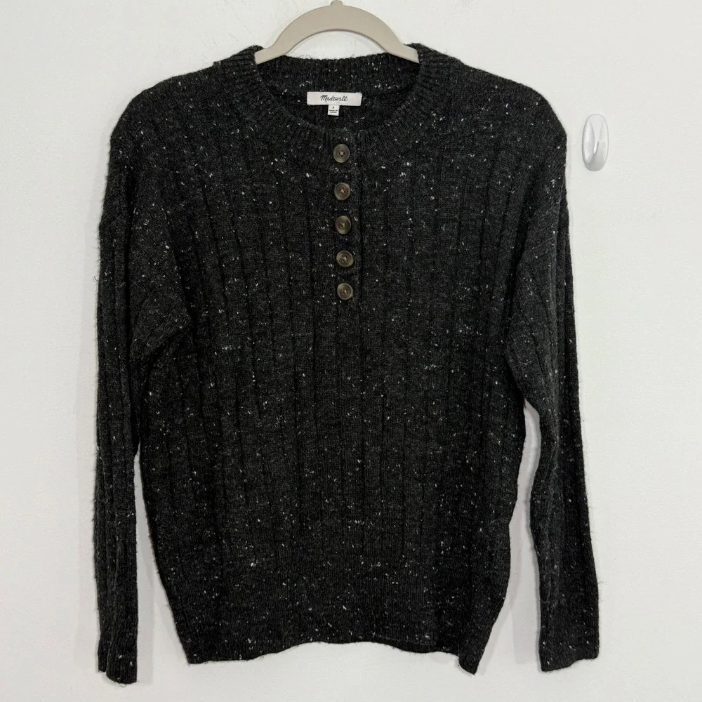 Madewell Womens Sweater Small Gray Donegal Bowden Henley Coziest Yarn Wool Blend